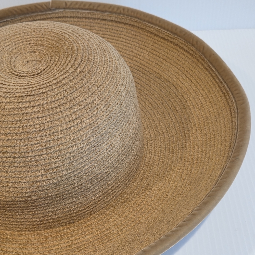 Vintage Kokin Straw Sun Hat Wide Brim Cap Beige Couture Round Crown Packable OS - Picture 4 of 16